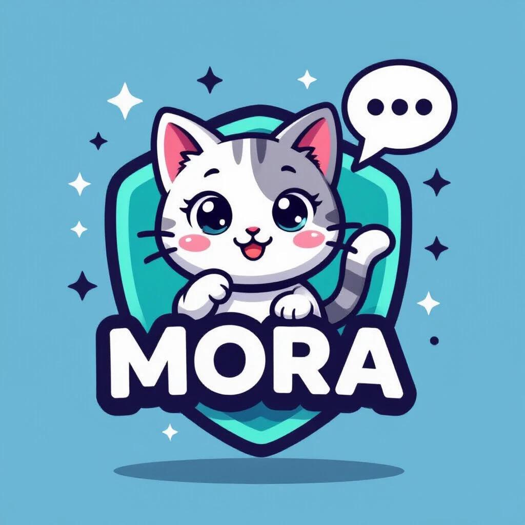 Logo design featuring a cute cat character. Cat displays a joyful expression and is set against a teal background. The name MORA is prominently displayed in bold letters beneath the cat. Cat has a speech bubble near its head. Logo incorporates playful and dynamic shapes.