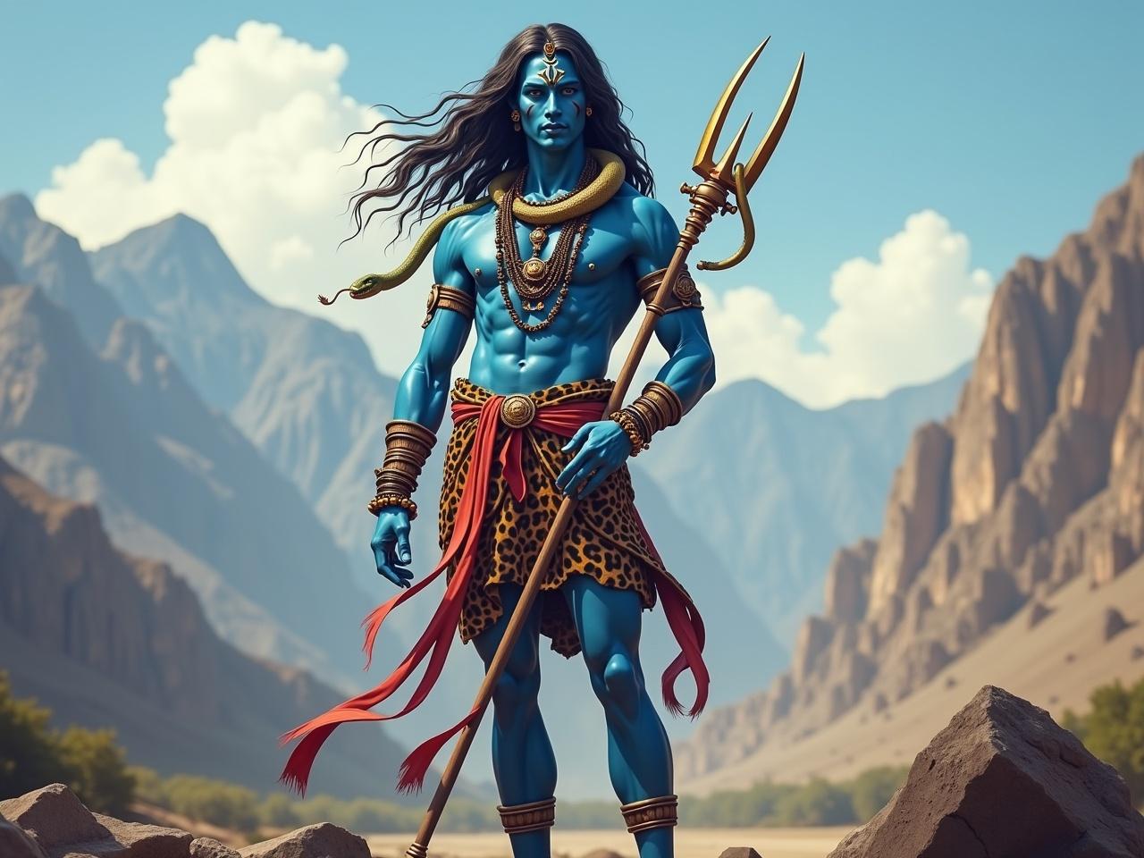 The image depicts a blue-skinned figure standing confidently on a rocky surface against a backdrop of mountains and a clear sky. The figure holds a trident in one hand and is adorned with multiple necklaces and ornaments. A snake is wrapped around the figure's neck, adding to the mystical appearance. The attire includes a leopard-print cloth around the waist and flowing red ribbons. With long, wavy hair and decorative markings on the face and body, the figure exudes a serene yet powerful aura. The overall color palette is vibrant, with rich blues, earthy browns, and contrasting reds.