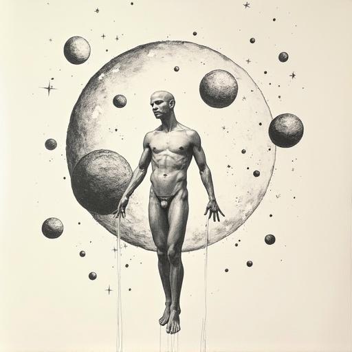 Man body depicted as a gender-neutral figure levitating in space surrounded by stars and planets. The illustration features monochrome minimalist design with delicate ink lines on textured paper. The overall mood is serene, drawing inspiration from traditional Asian artistic techniques.