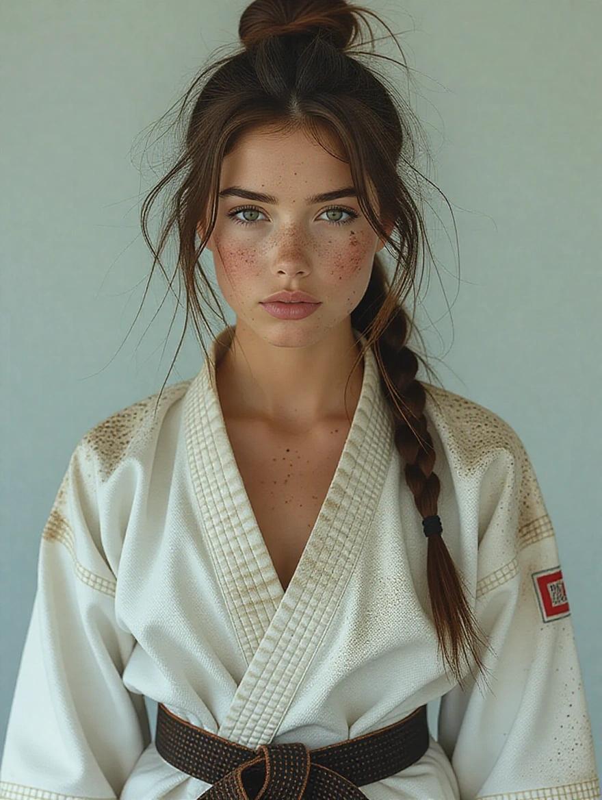 22-year-old athletic woman with realistic features wearing a worn-out karate gi. Smudges on the face. Hair is untidy. Sweat visible and light bruises on the face. Portrait showing her head and upper body.
