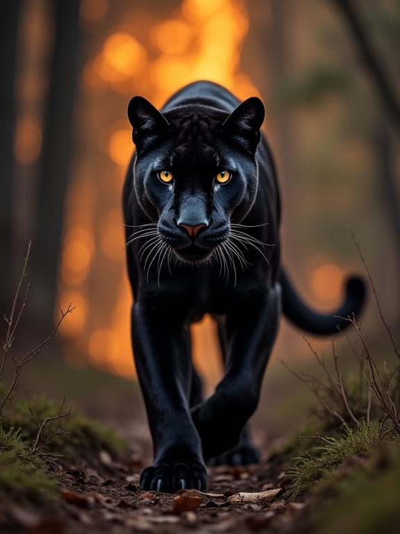 A panther with a unique burnt appearance walks towards the camera. The forest in the background is burning. The panther possesses intense eyes and striking spots. It moves stealthily in a dimly lit forest.