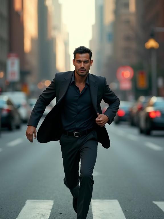 A handsome Latino man in a dark suit and dark shirt is running down a busy street. He is looking back in fear. Full body shot.