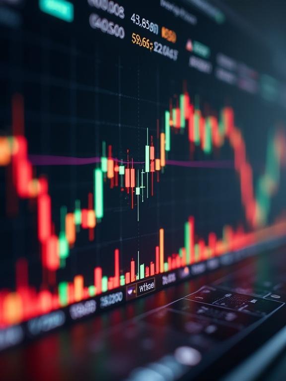 Close-up of a cryptocurrency trading screen showing candlestick chart. Displaying green and red trading bars, indicating market fluctuations and leverages possibly being liquidated. Digital interface with various data points visible.