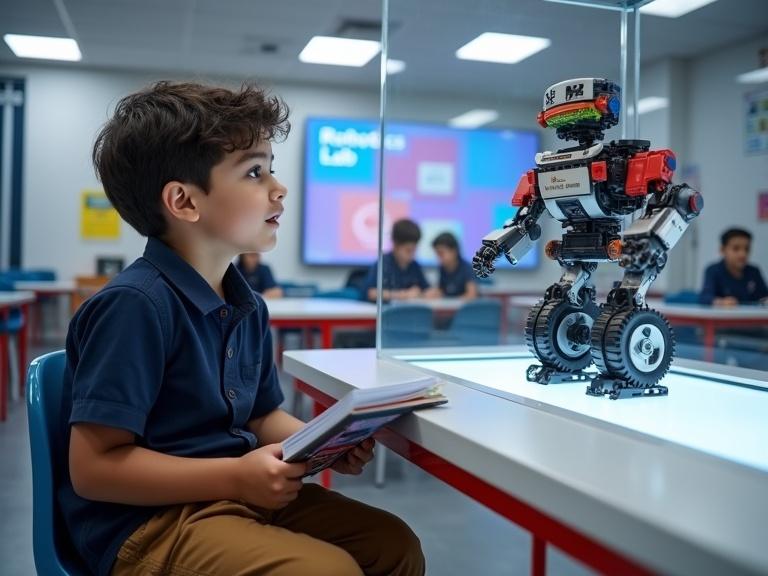 An 8-year-old Arab boy named Omar is sitting in a modern classroom. He has a dark blue short-sleeve shirt and brown pants. Omar is staring at a LEGO robot inside a glass display. The display is marked 'Robotics Lab'. In his hands, he holds a LEGO SPIKE Prime booklet.