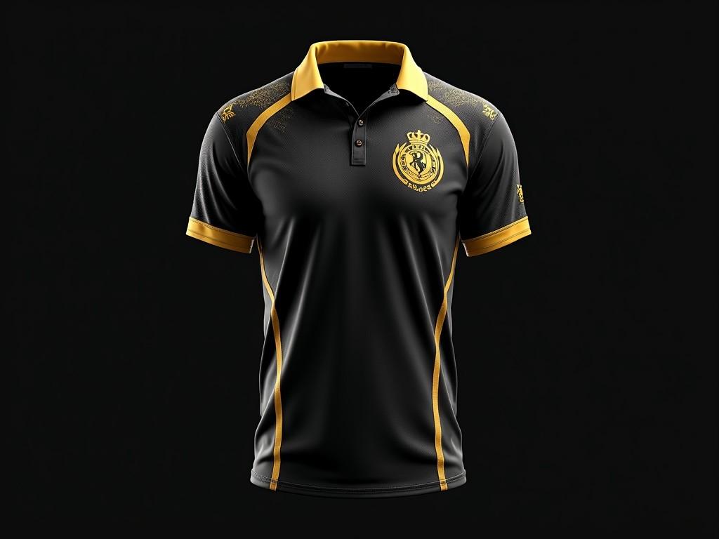 This image showcases a cricket jersey designed with a sleek black theme. The jersey features a hint of golden color, enhancing its elegance and appeal. It is tailored for both comfort and style, suitable for players and fans alike. The golden accents add a modern touch to the traditional cricket attire. Perfect for showcasing team spirit with a fashionable flair.