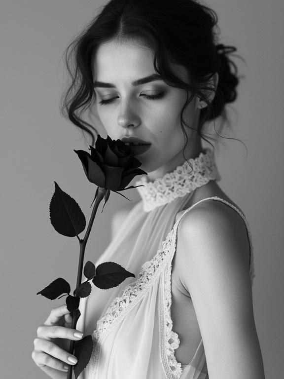 Beautiful woman with porcelain skin holds velvety rose over lips. Dressed in high-neck gown with lace details. Eyes cast downward in introspective gaze. Soft gradient background. High-contrast style with shadows and highlights. Inspired by film noir and expressionism.