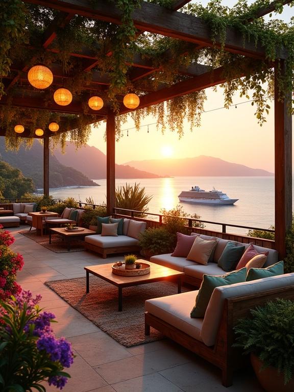 Luxurious tropical-style outdoor terrace patio with sunset view. Comfortable seating area features plush cushions and wooden furniture. Vista overlooks ocean bay with mountains. Pendant lanterns provide warm lighting. Abundant plants and colorful flowers add ambiance.