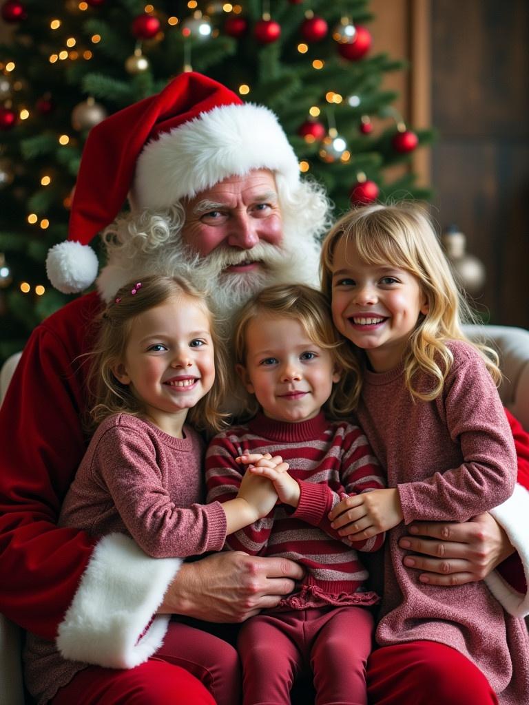 Santa Claus enjoys time with a family of four on Christmas. The scene is decorated with a Christmas tree in the background. Two daughters and a wife sit on Santa's lap smiling and embracing joyfully while wearing festive outfits. The setting is cozy and festive.