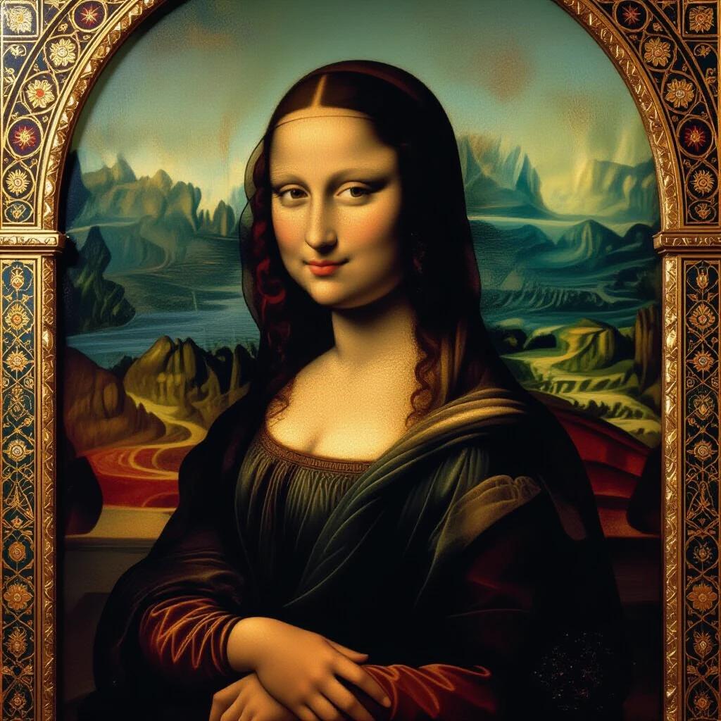 Create a portrait inspired by the Mona Lisa featuring a male subject. Incorporate Moroccan artistic elements and aesthetics while preserving the essence of the original painting.