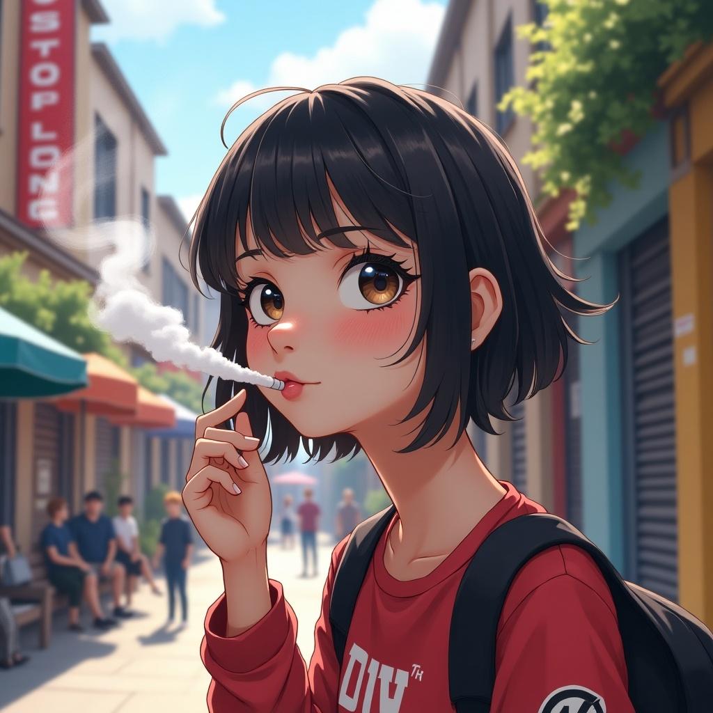 Anime style artwork featuring youthful character. Short hair, big eyelashes, and a relaxed expression. Vaping in a street filled with shoppers and shops. Sunny day setting with vibrant details.