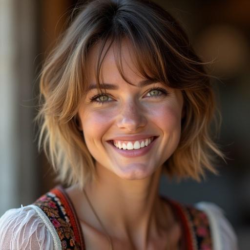 A woman with short hair smiling at a traditional market. Candid pose showcasing her beauty. Highly detailed features in an ultra high definition setting. Captured in warm afternoon light with a full body view.