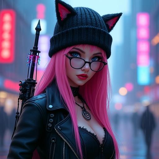 Female warrior with pink hair wearing a winter hat with cat ears. She has a leather jacket that falls off one shoulder and gothic boots with fishnets. The setting is a futuristic cityscape with blue, red, pink, and purple neon signs in the background, slightly blurred. She has round glasses, black painted nails, and red lipstick, with cybernetic tattoos on one leg. Glaive on her back glows with blue and purple lightning circuits. Rain falls, creating a realistic atmosphere. Her hair has red tips and is shoulder-length. She faces the camera with a cute expression, showing some decolletage.