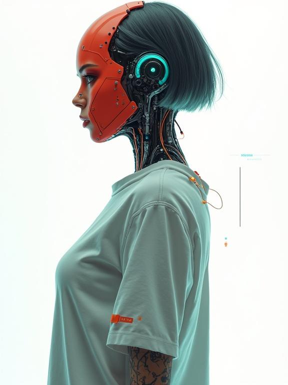 Full body portrait of a stunning android from the side. Features cybernetic implants and biomechanical parts. Turquoise and orange color accents enhance the design. Character has robotic eyes and a casual wear look complemented by tattoos. The expression is emotionless with crimson eyeshadow. A vivid red mask extends from nose to neck. Short bob haircut frames the synthetic face. Background is a white void with holographic overlays. Soft clinical lighting highlights her features. The art blends multiple styles, with detailed anatomy and structure.