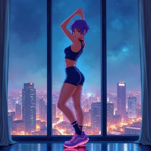 Watercolor painting of a young woman with short violet hair and slim muscular body. She wears a short tight top and sport shorts. High platform sneakers with glowing LED stripes and knee socks. Stretching back and arms in front of a wall-sized window. High floor view of a night city, dim cinematic light. Looking at the camera, styled in Yuumei.