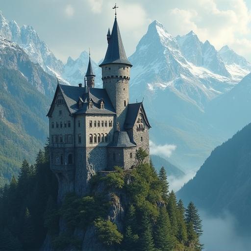 A castle situated in the mountains. Birds are flying around. The landscape is majestic and natural. It features a stunning blend of architecture and scenery.