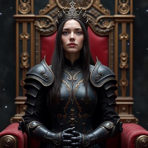 A beautiful young woman in black and crimson gothic armor with a grand crown stands nervously in a dark throne room. The throne room features magical glyphs. She has soft human features with a faint blush and a shy smile. Her head is slightly bowed, eyes look upward from beneath lowered eyelids. Her posture is slightly hunched, fingers fidget together in front of her waist, inviting someone to sit beside her. Magical particles float around, enhancing the atmosphere. The lighting emphasizes texture and depth in a full-body shot.
