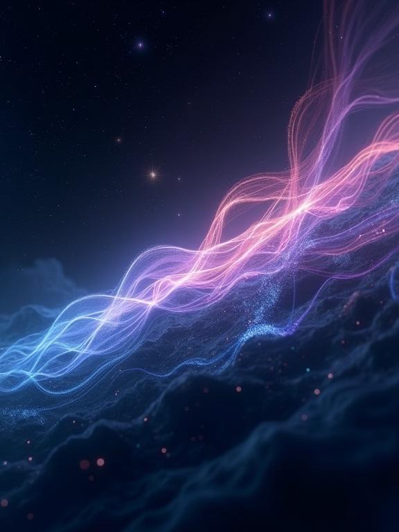Abstract visual representation of radio waves traveling through deep space. Conceptual sci-fi abstract art style. Glowing, flowing ribbons of light with vibrant colors. Background depicts dark space with faint galaxies and stars. Composition conveys movement and propagation of energy.