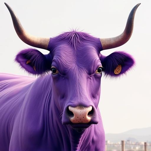 A cow painted in vibrant purple color. Cow has prominent horns and expressive features. The background is softly blended with colors.