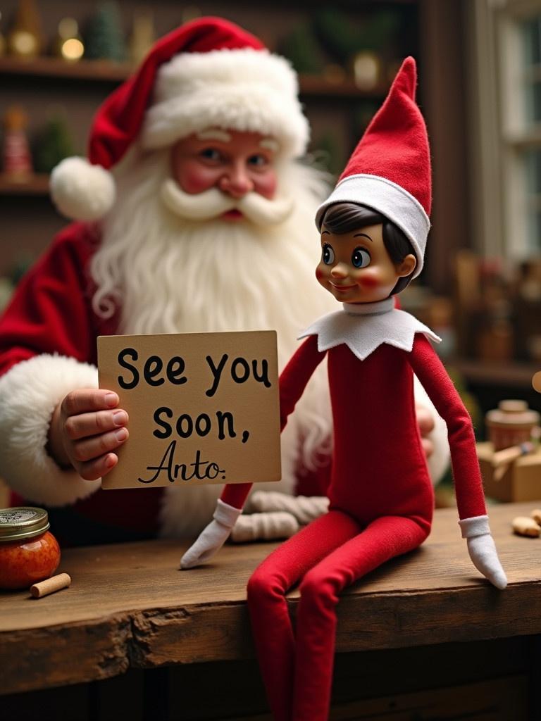 Christmas setting with Santa and an Elf on the Shelf. Santa holds a sign that says 'See you soon, Anto.' Cozy workshop atmosphere with holiday decor.