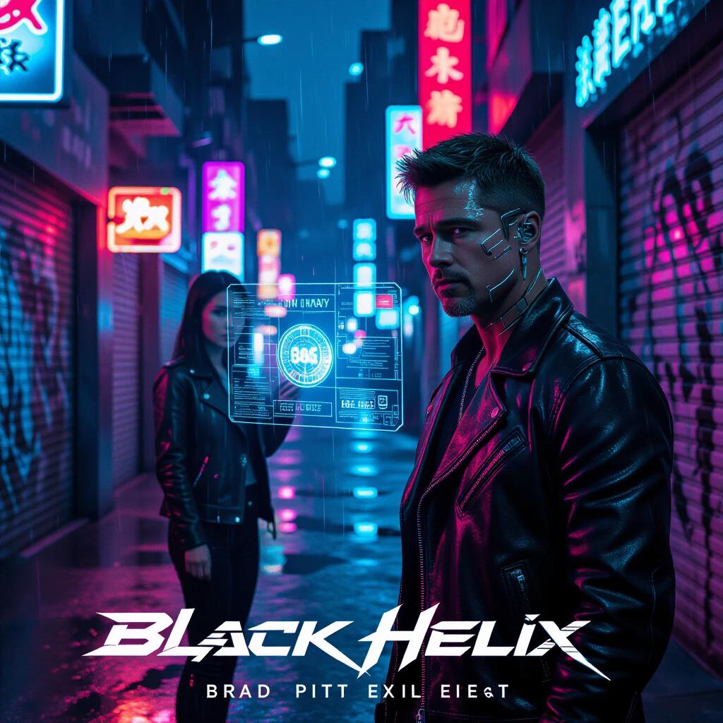 A cyberpunk thriller movie poster. Features Brad Pitt in a rainy neon alley with chrome implants. Gemma Chan scans a holographic display behind him. The scene includes a lens flare effect, an electric color palette, and detailed reflections on wet concrete.