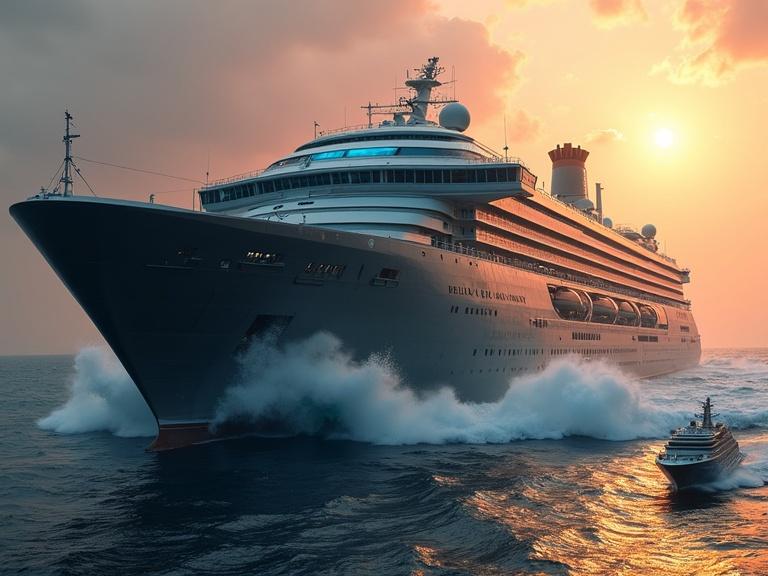 A colossal futuristic spaceship crashes into the ocean in ultra-realistic 4K. It is hundreds of times larger than a nearby modern cruise ship. The ship has a dark metallic hull and glowing blue engines. The name "Rogério Marcony" appears on the side in dark metallic tones. A massive wave erupts on impact, dwarfing the cruise ship. Sunset scene with orange-red reflections and ocean spray.