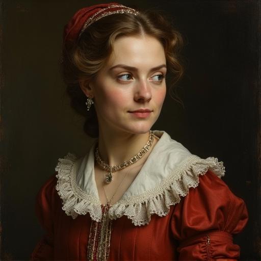 Portrait of a woman in Baroque style. Rembrandt lighting technique used. Oil painting on canvas.