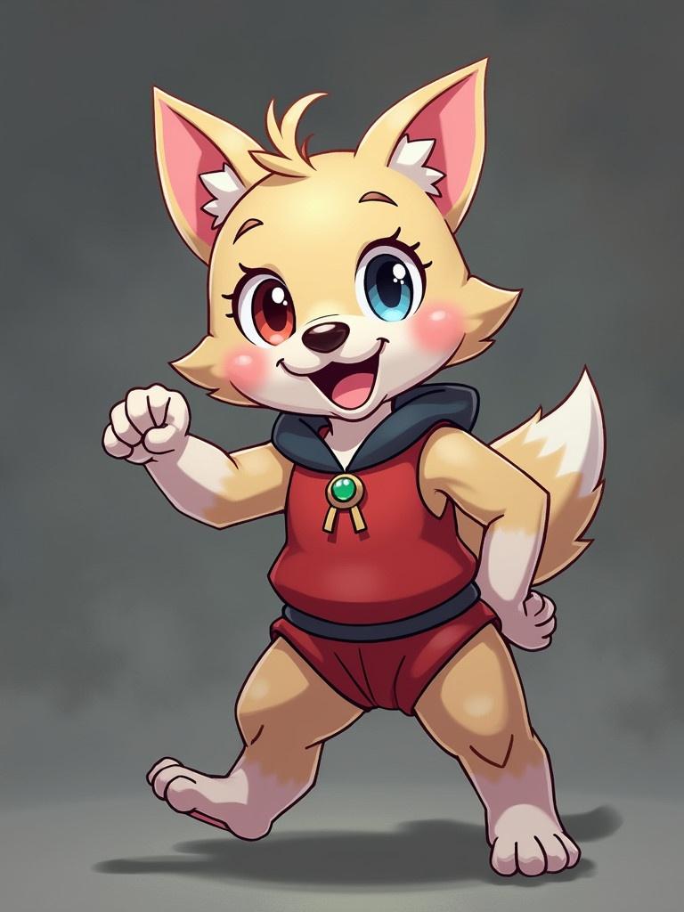 A cute anthropomorphic fox character named Bailee. Bailee has large expressive eyes with different colors. The character is wearing a red outfit with a green accessory. The design emphasizes a playful and energetic personality. Fuirt appeal is enhanced through bright colors and cheerful expression.