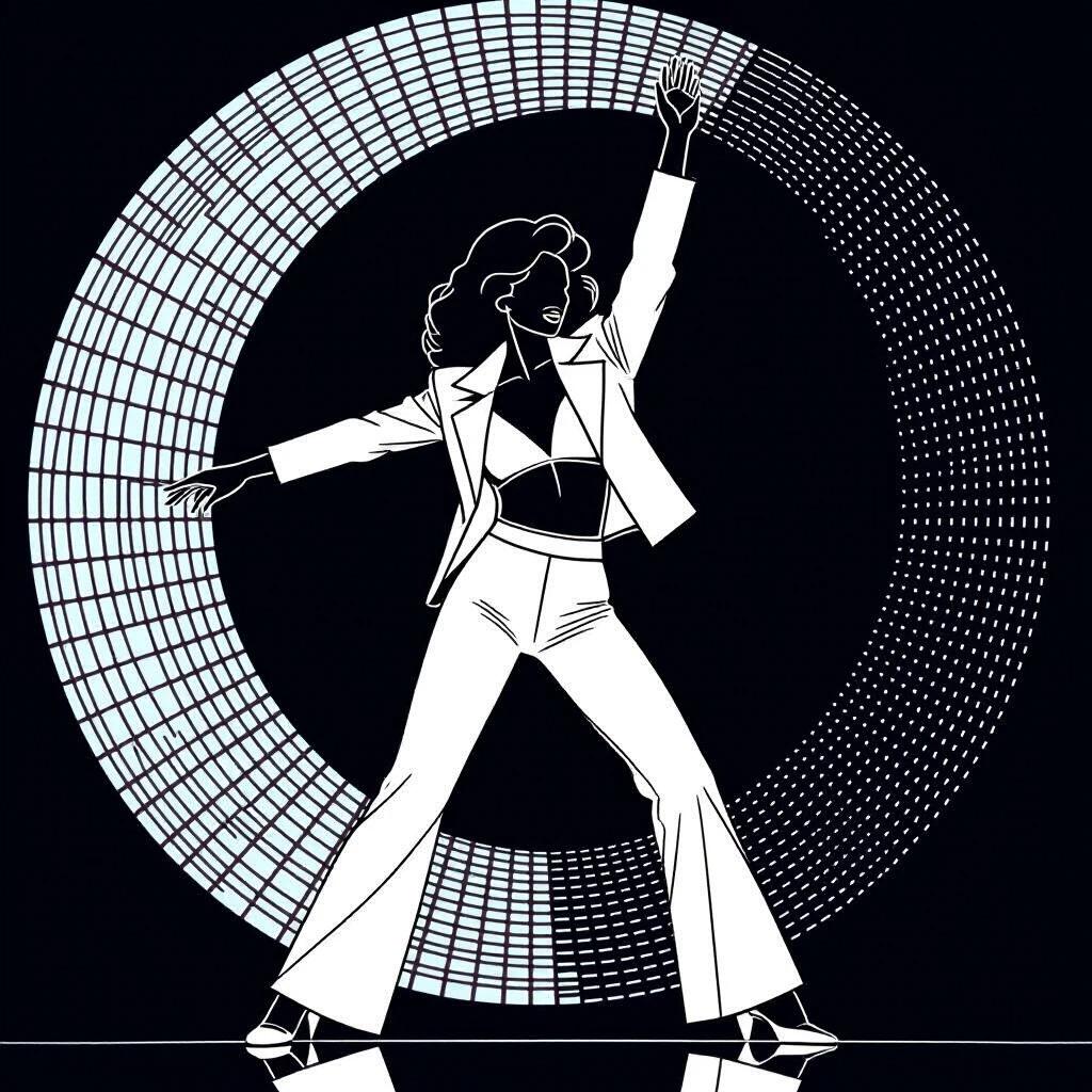 Minimalist line drawing of a female disco dancer. Inspired by John Travolta’s pose. One arm raised dynamic stance. Only thin lines on black background. No face or detailed clothing. Flowing contour captures motion. Abstract representation resembling shadow.