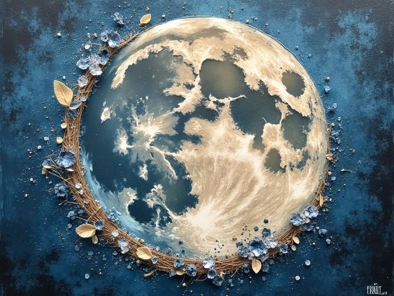 Art depicting a textured moon in deep blue background. Mixed media including various materials. Textures and details evident. Fantasy style. Floral elements surrounding moon. Digital close-up representation.
