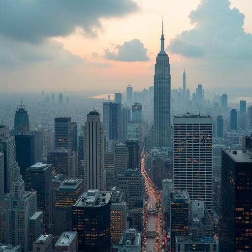 Aerial view of New York City skyline at twilight. Empire State Building stands tall among modern skyscrapers. Soft overcast sky with scattered clouds. Below, bustling city streets illuminated by lights.