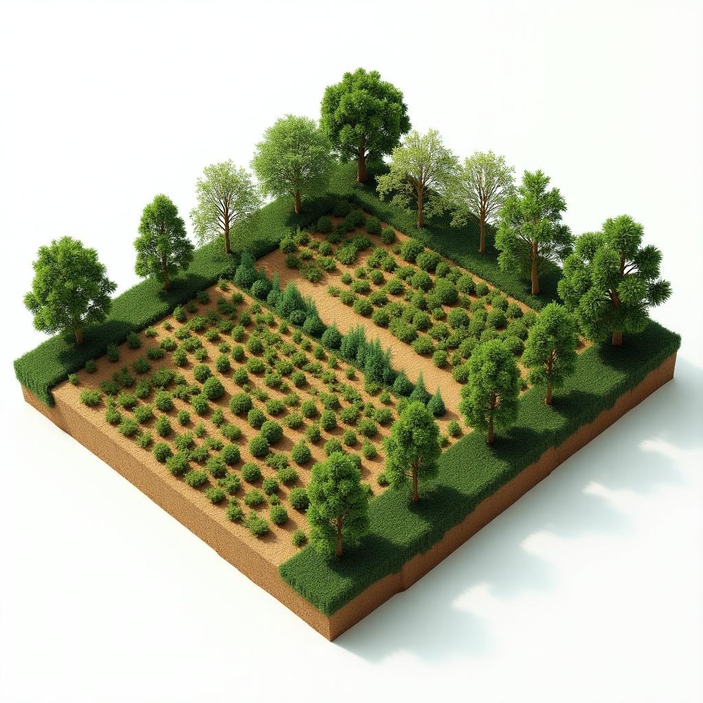 Farm model shows a fruit plantation with dimensions of 20 meters by 25 meters. Horticultural planting features mixed fruit trees with boundary planting around 1280 square meters. Crop production area measures 60 meters by 100 meters with intercropping and solar-powered drip irrigation system. Pathways included for movement and pest management.