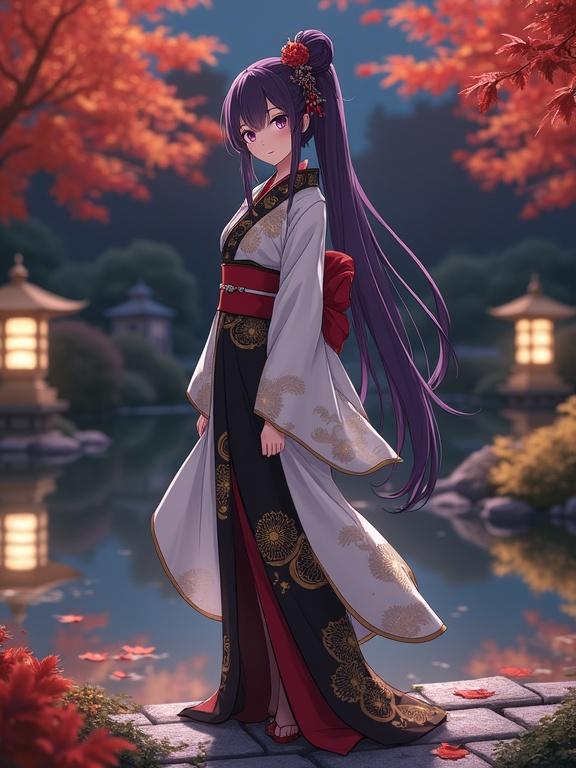 Anime style female character stands gracefully in a Japanese garden at night during autumn. She has long dark violet hair in an elegant updo with traditional hairpins. Her eyes are violet and she looks calm and confident. She wears a luxurious kimono with white and black with golden embroidery and a deep red obi. She is near a koi pond surrounded by maple leaves with soft lighting from lanterns. The scene is peaceful and magical with reflections in the water.