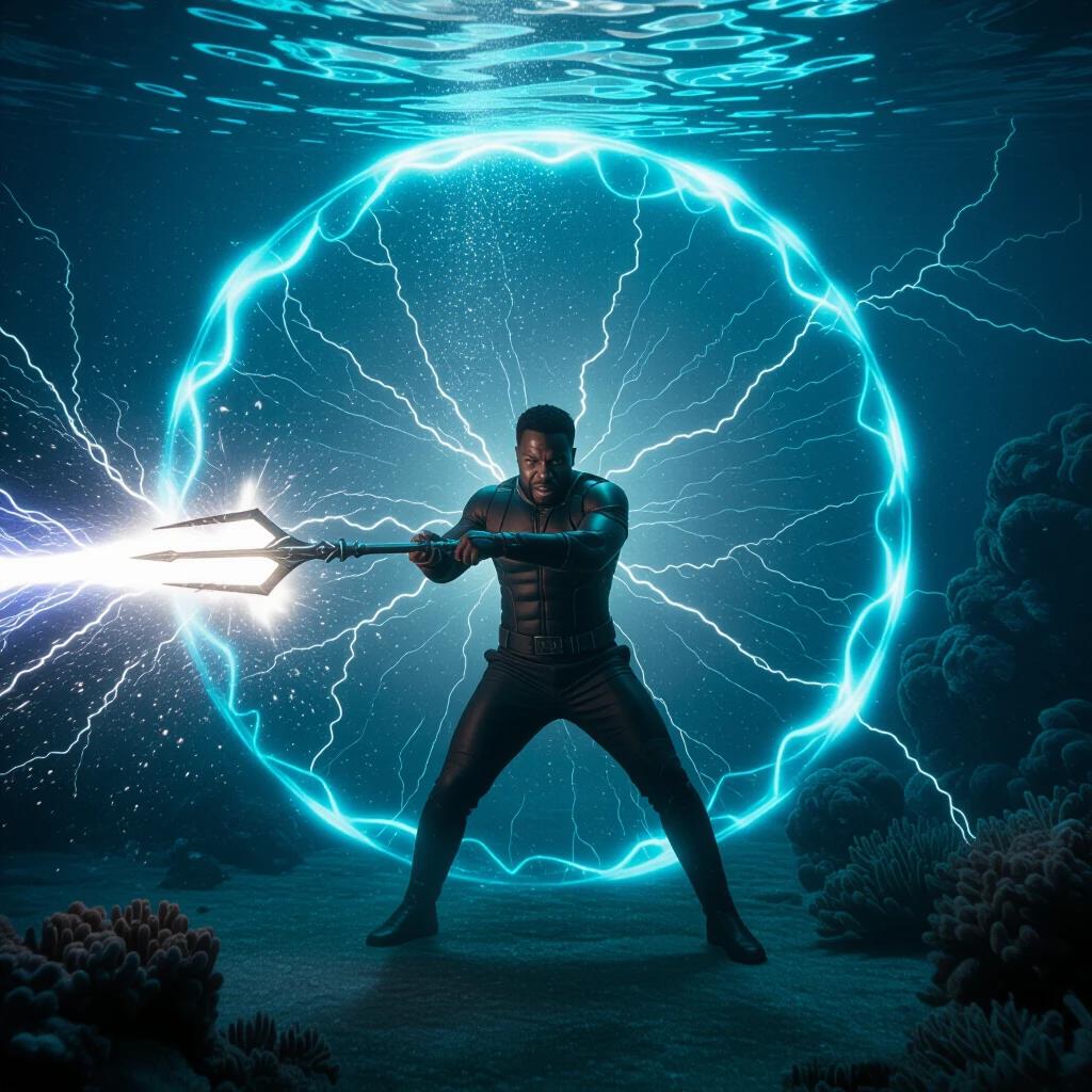 Yahya Abdul-Mateen II breaks through a glowing blue forcefield with an electric trident underwater. Bubbles and light explode outward. Surrounding coral wreckage emphasizes the submerged alien base.