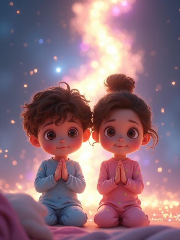 Two little siblings kneel side by side beside a bed. They have tender faces and curly hair wearing colorful pajamas. Both are praying with closed eyes and peaceful expressions. Behind them, a magical light emerges, illuminating the scene with ethereal details. The atmosphere is filled with wonder.