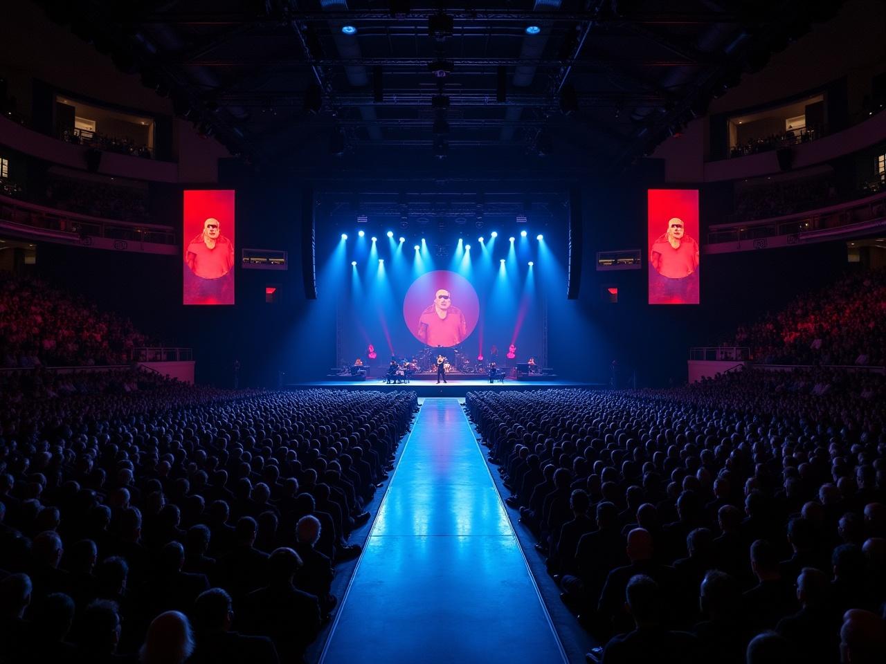 The image captures a dynamic concert scene featuring Roddy Ricch performing at Madison Square Garden. It showcases a large stage with vibrant lighting and a circular screen displaying the artist's image. The audience fills the arena, with a focus on the T-stage runway leading from the main stage towards the viewers. The atmosphere is electric, amplified by the blue and red light effects. The viewpoint is aerial, providing a unique perspective of the performance and crowd engagement.