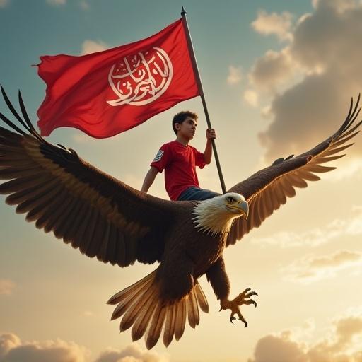 Cinematic shot featuring a young man in a red shirt with Al-Ahly FC logo on a giant eagle. The eagle is soaring in the sky. The young man holds a flag representing the club. The atmosphere is adventurous and realistic. High-quality image with detailed elements.