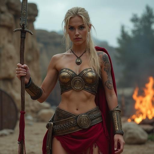 Dynamic pose showcasing a muscular female warrior. Ancient Spartan-style attire. Equipped with xiphos sword and dory spear. The character poses on a battlefield. Overcast lighting highlighting the attire. Detailed textures with ancient warrior motifs. Ultra-realistic view.