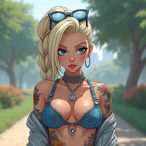 Anime character in 2045. Woman with frosted blue eyes. Oversized light blonde braided ponytail. Futuristic and edgy streetwear style. Half Japanese half Saiyan heritage. Displays colorful traditional Japanese tattoos. Shown in a luxurious park during summer. A-list celebrity walking around.