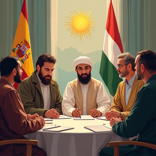 Illustration of a group from diverse backgrounds around a table. Participants from India, Yemen, and Spain. Engaged in open discussion. Faith symbols and flags are in the background. Scene conveys unity, understanding, and freedom of speech.