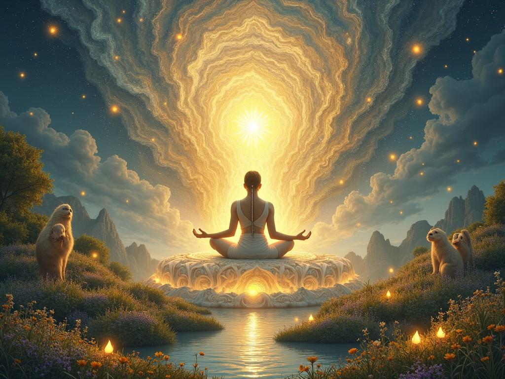 This image depicts a serene scene of a person meditating on a lotus pedestal, surrounded by ethereal landscapes with blooming flowers and serene animals. Above, a radiant star-like presence illuminates the figure, casting a celestial glow and creating swirling celestial waves in the sky. The tranquil water reflects the divine light, enhancing the spiritual ambiance.