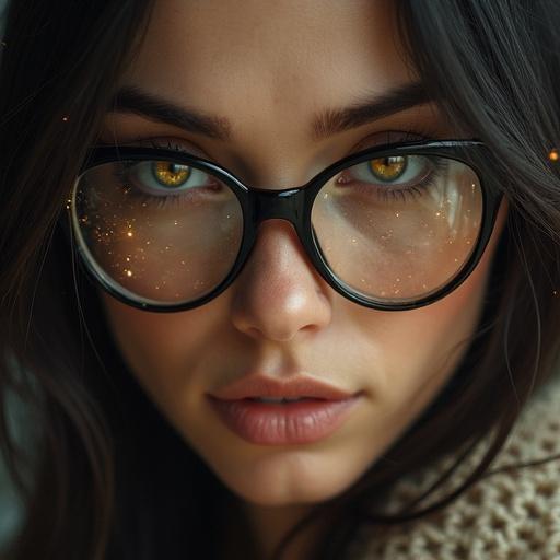 Woman removes glasses revealing intense eyes. Eyes filled with magical energy. Glowing runes reflected in irises. Ultra-realistic facial features. Cinematic lighting and emotional expression. Wind blowing hair softly. Realistic texture with slight magical distortion. Light particles are subtly present around.