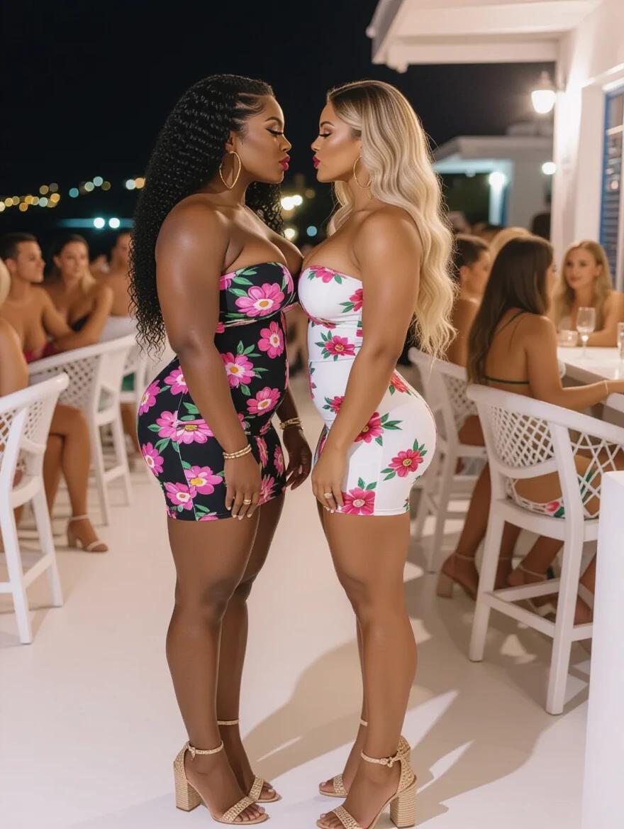 Two muscular women with thick hourglass figures stand face-to-face. One has long curly black hair and is wearing a black floral strapless dress. The other has long wavy blonde hair and is wearing a white floral strapless dress. They are in a trendy bar setting on Mykonos with people in the background. The scene captures a lively nightlife atmosphere.