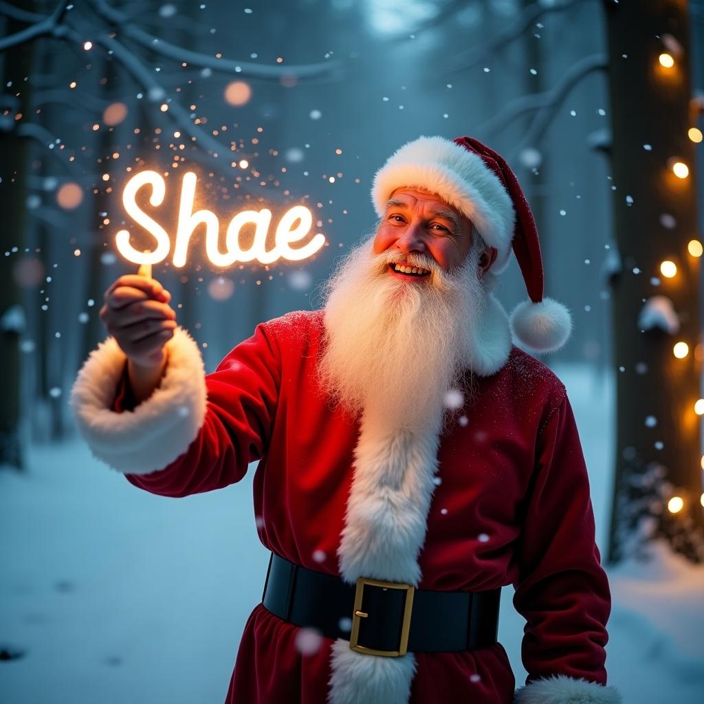 This enchanting image captures Santa Claus in a snowy forest during Christmas time. He is joyfully using a glow stick to write the name 'Shae' in the air. The soft falling snowflakes create a magical atmosphere. Warm lights from nearby trees add to the festive spirit. Santa's outfit is traditional with a bright red coat and white fur trim. His joyful expression radiates holiday cheer, making this image perfect for Christmas celebrations.