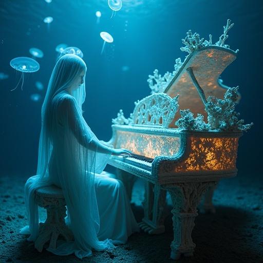 A ghostly pianist plays a glowing piano made from coral and whale bones deep under the ocean. Jellyfish drift around the scene while ancient sea spirits float in the background. Bioluminescent light creates a magical underwater atmosphere. Highly detailed and emotional ambiance present.