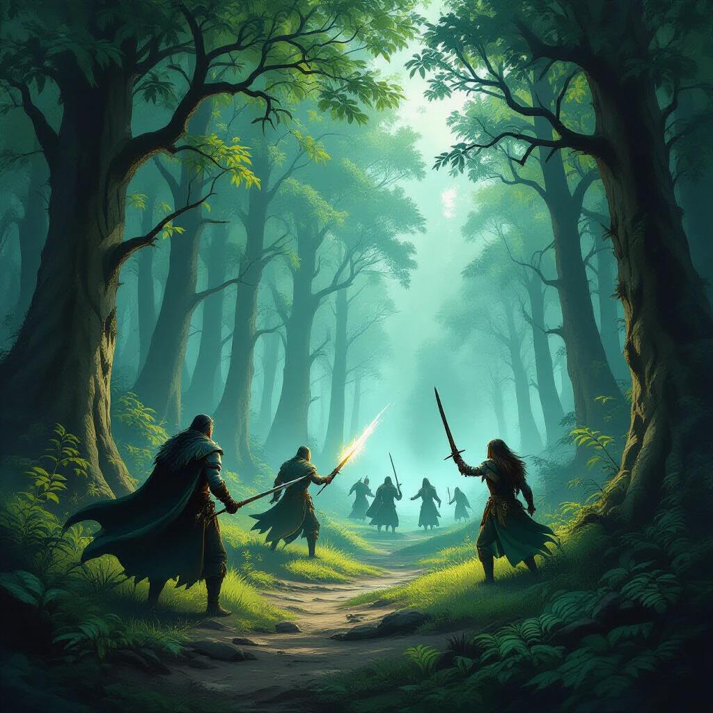 A battlefield in a magical forest. A vast area for three warriors to fight. Dark fantasy style is evident. Ethereal light in the background.