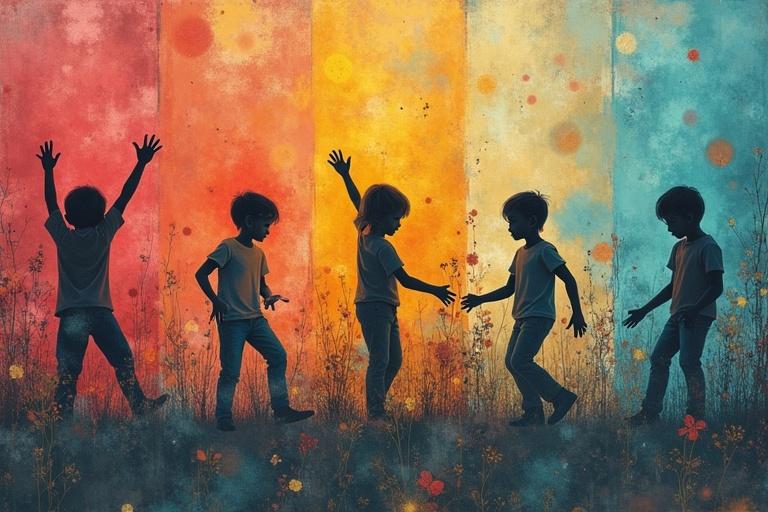 Five children playing together having fun. Their silhouettes are the focus against a vibrant colorful background. The atmosphere conveys joy and innocence. Bright colors blend harmoniously. Image represents a metaphor for childhood enjoyment.