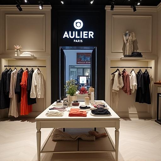 Stylish fashion store features elegant clothing under Aulier Paris brand logo. Central display table showcases various clothing and accessories attractively.