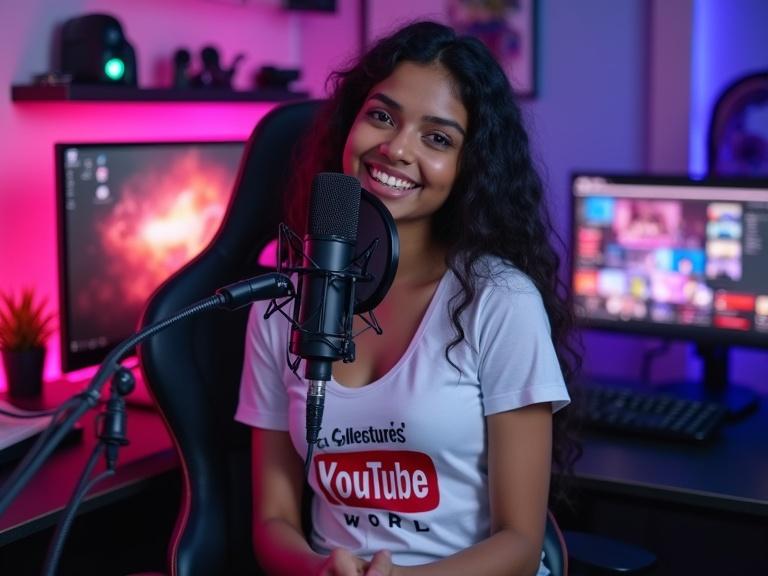 A young Indian girl with long curly hair sits in a gaming chair in a high-tech YouTube studio. She wears a stylish white t-shirt with a YouTube logo and 'Collectors' World' printed on it. The studio features vibrant neon lights and a microphone as she sings while looking at the camera.