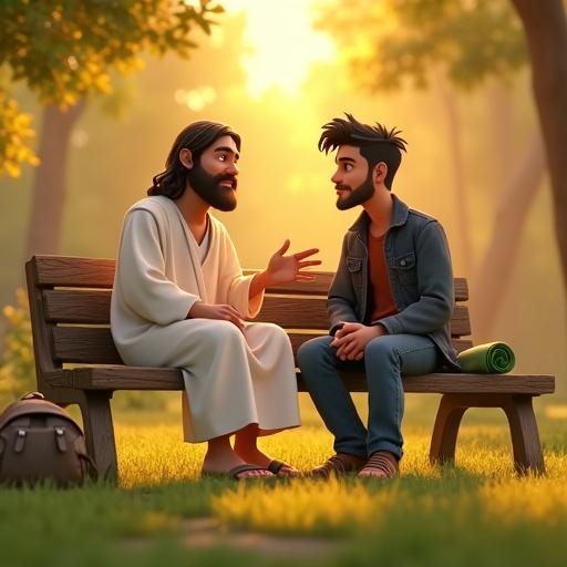 A peaceful forest park during golden hour features stylized Jesus in a white robe and sandals talking to a young modern man with cartoonish features and a denim jacket. They are on a wooden park bench, engaged in a heartfelt conversation. The scene has soft grass, glowing trees, and a backpack with a rolled green mat beside the bench. Animated light particles fill the air. The style is Pixar/DreamWorks 3D animation with warm colors.