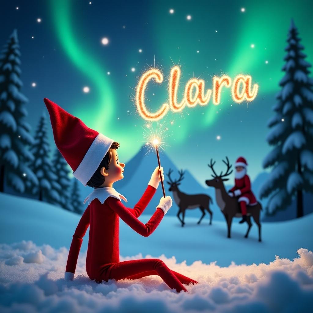 Scene features Elf on the Shelf with back to viewer gazing at sky. Elf uses wand to spell name 'Clara' in sparkling letters. Behind elf, vibrant northern lights illuminate winter landscape. Silhouette of Santa Claus rides reindeer in background. Snow-covered trees and serene mountain range complete atmosphere.